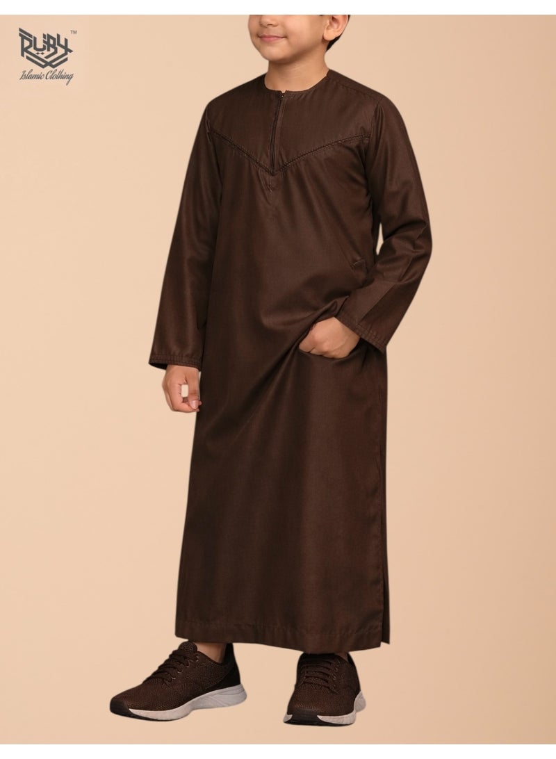 RUBY ISLAMIC CLOTHING Classic Brown Emirati Thobe Kandura for Children & Kids with Intricate Embroidery, Kandura Kaftan, Round Neck, Long Sleeve, Saudi Arabian Muslim Robe (Without Tassel) - Image 2